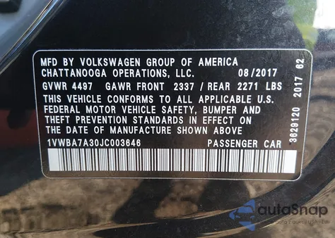 2018 Volkswagen Passat 2.0T Se from USA, damaged, VIN 1VWBA7A30JC003646